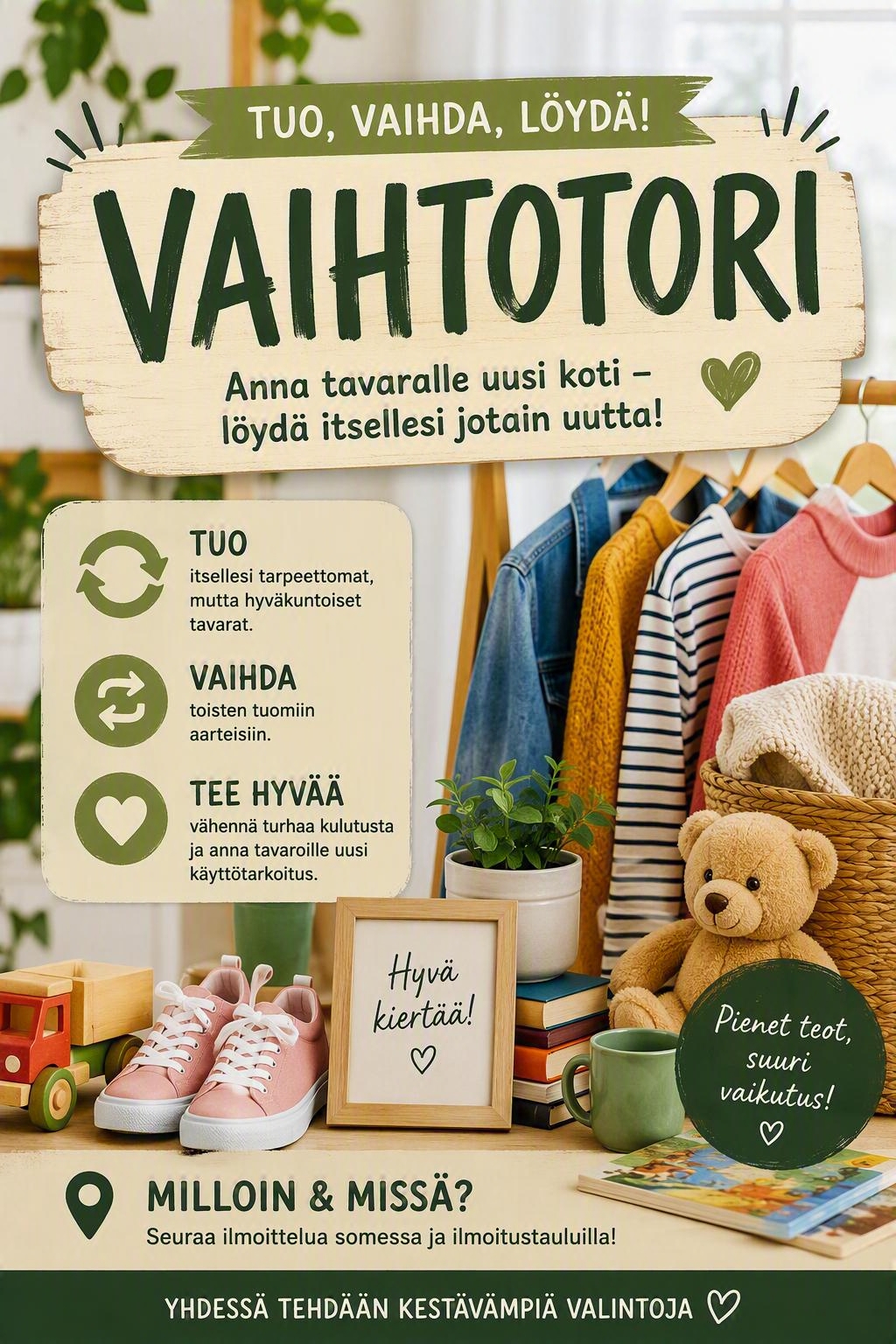 Kuvassa etualalla nalle, kengät ja kuorma-auto. Takana hengarissa vaatteita