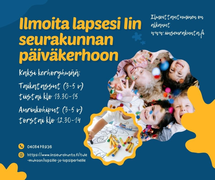 Ilmoittautuminen toimintakauden 2025-2026 päiväkerhoihin Kuvassa on lapsia sekä lyhyt informaatio siitä, että kerhoilmoittautuminen on alkanut