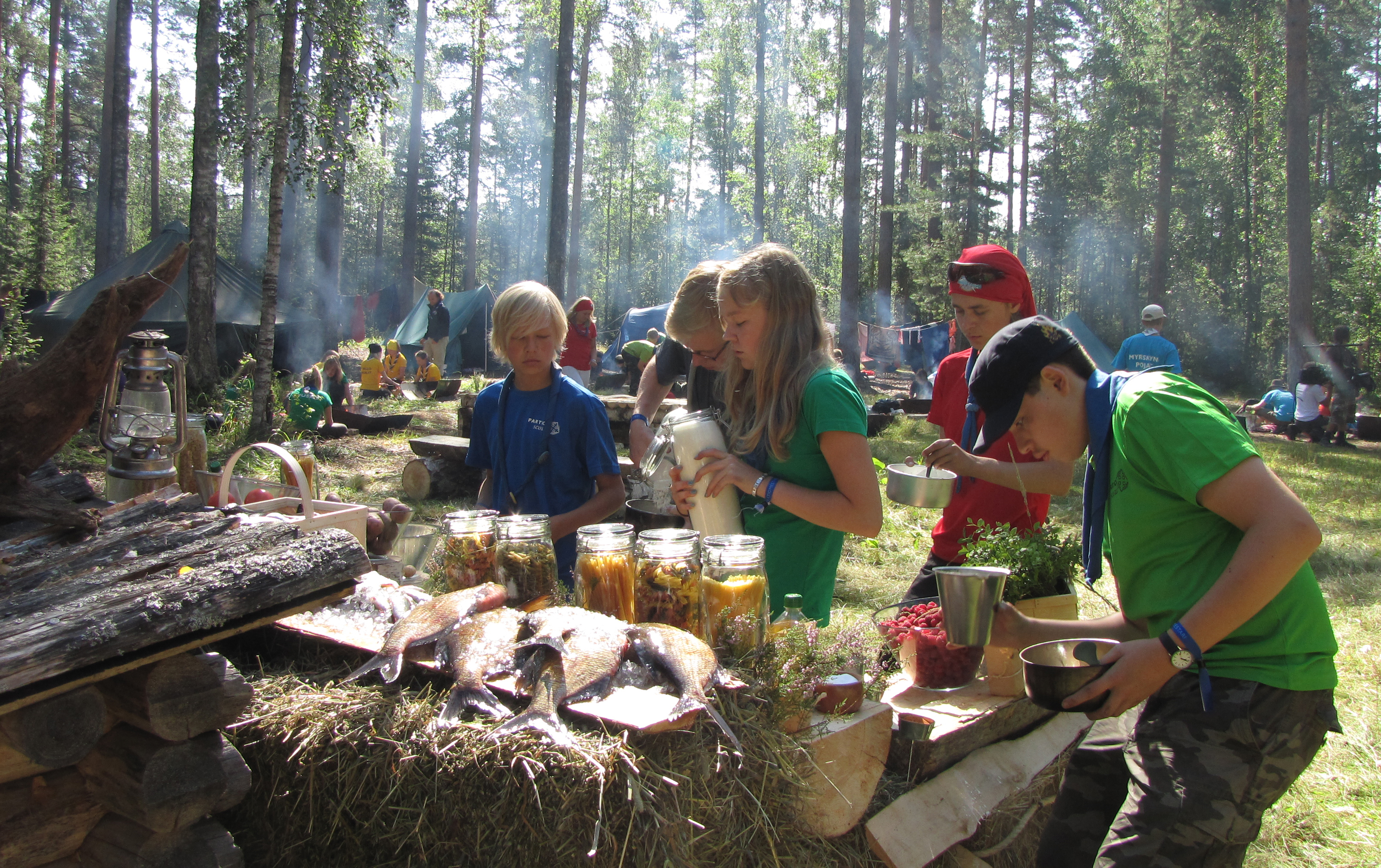 Partiolaiset tekevät ruokaa metsässä